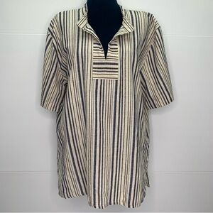 Tunic Shirt XL Summer Stripe V Neck Short Sleeve Greece Hand Woven Slub Fabric